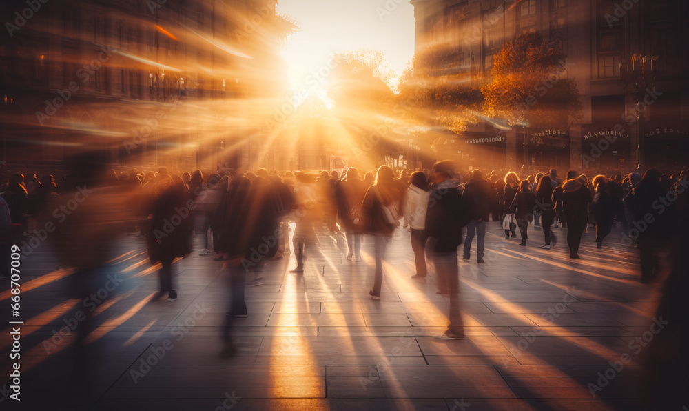 Unrecognizable motion blurred people walking in the city at sunrise