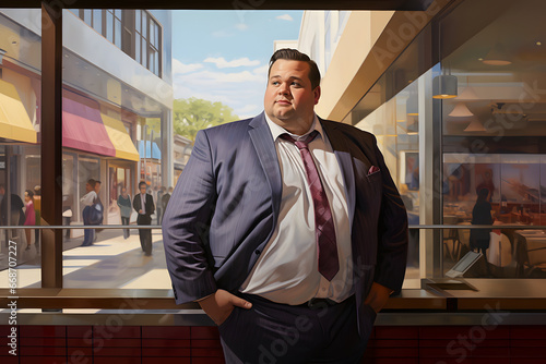 Plus-size CEO man in front of large window. Neural network generated image. Not based on any actual person or scene.