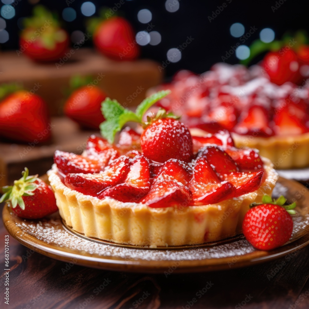 Strawberry tart on a wooden plate with sugar and mint leaves, AI - obrazy, fototapety, plakaty 