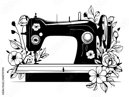 sewing machine and flower logo design illustration