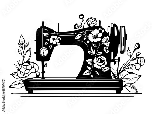 sewing machine and flower logo design illustration