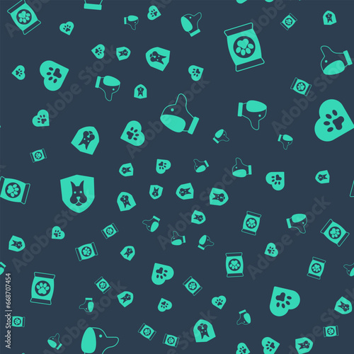 Set Dog, Bag of food for pet, Animal health insurance and Heart with animals footprint on seamless pattern. Vector