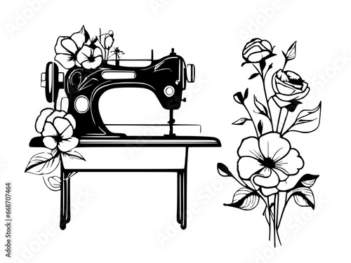 sewing machine and flower logo design illustration