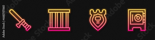 Set line Police badge, rubber baton, Prison window and Safe. Glowing neon icon. Vector