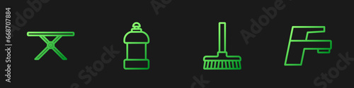 Set line Handle broom, Ironing board, Bottle for cleaning agent and Water tap. Gradient color icons. Vector