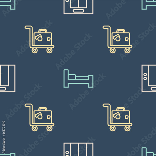 Set line Lift, Suitcase and Hotel room bed on seamless pattern. Vector
