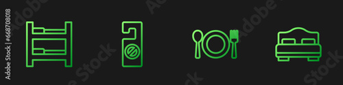 Set line Plate, fork and knife, Hotel room bed, Please do not disturb and . Gradient color icons. Vector