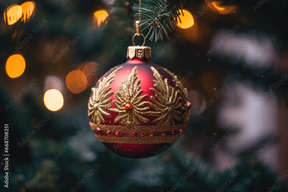 closeup view of a decoration ball hanging on a branch of a Christmas tree, xmas spirit on winter holidays closeup view of a decoration ball hanging on a branch of a Christmas tree, xmas spirit on winter holidays