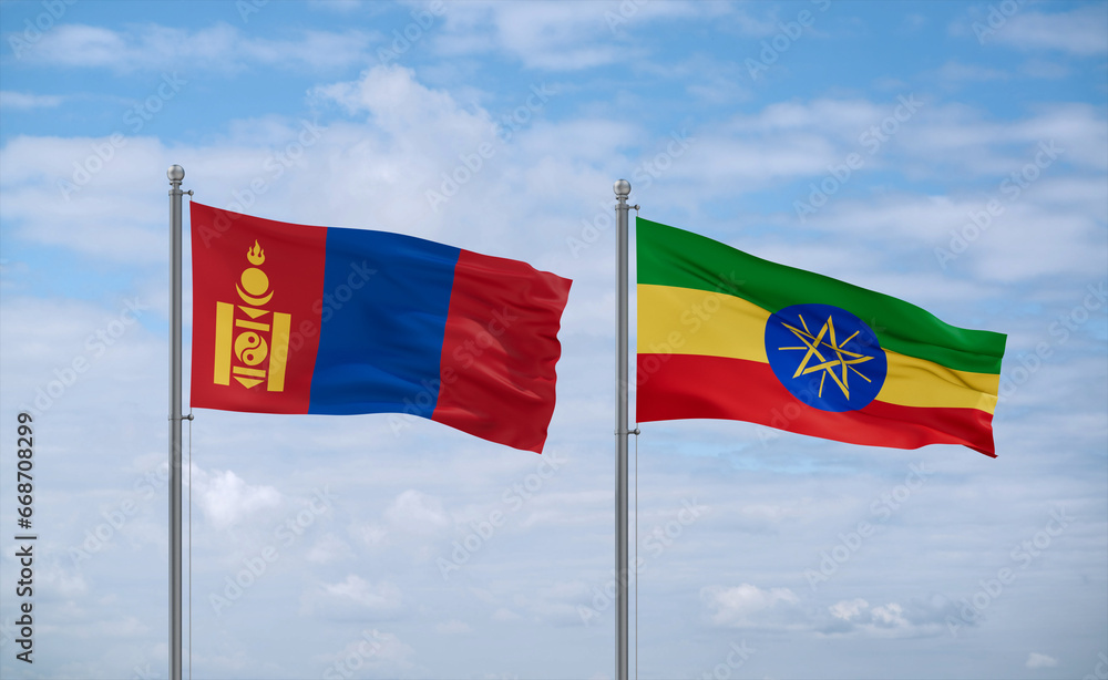Ethiopia and Mongolia flags, country relationship concept Ethiopia and Mongolia flags, country relationship concept