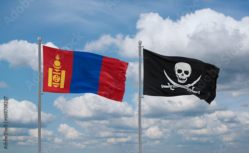 Obraz na plátně Pirate and Mongolia flags, country relationship concept