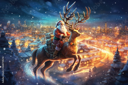 Santa delivers Christmas presents on a reindeer over the city on xmas night