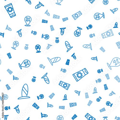 Set line Surfboard, Sunscreen cream in tube and Plane on seamless pattern. Vector