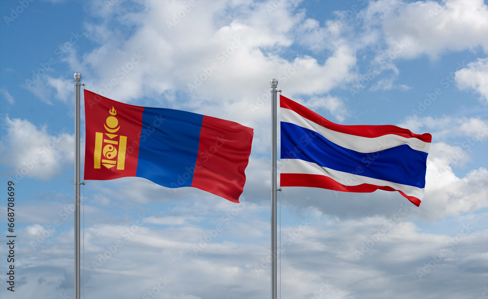 Thailand and Mongolia flags, country relationship concept