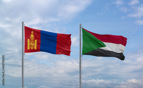 Sudan and Mongolia flags, country relationship concept