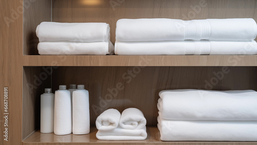 White towels neatly organized in a hotel bathroom