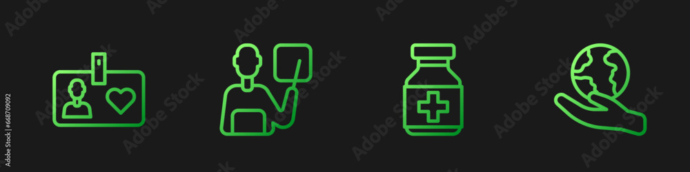 Set line Medicine bottle and pills, Volunteer id card or badge, Teacher and Hand holding Earth globe. Gradient color icons. Vector Set line Medicine bottle and pills, Volunteer id card or badge, Teacher and Hand holding Earth globe. Gradient color icons. Vector