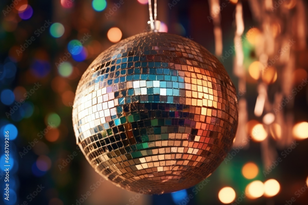 Obraz premium close up shiny disco ball on blurred light background, event on new year party celebration