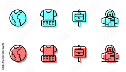 Set line Work search, Global economic crisis, Clothes donation and Homeless cardboard house icon. Vector