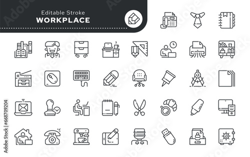 Office workplace icon in outline linear style. Worker icon, office items, equipment and tools. Vector set of conceptual web icons for applications, websites and graphic resources. Set pictogram.