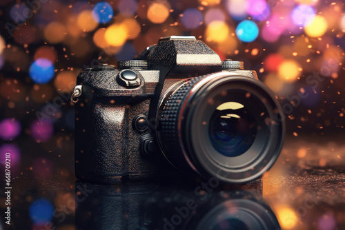 close up photo camera covered in glitter particles with blurred lights background