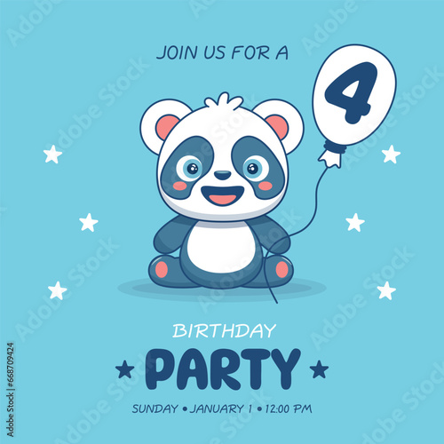 Cute baby boy panda. Birthday invitation for 4 year. Vector illustration
