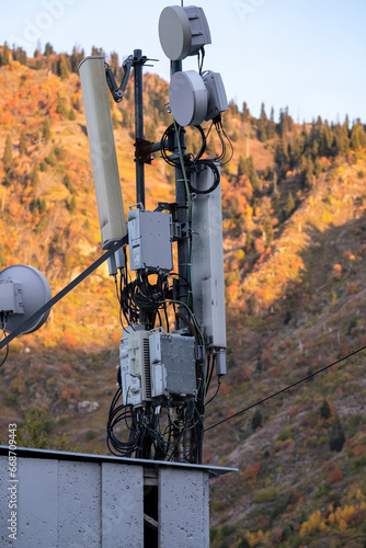Mobile operator antennas. Cellular base station in the mountains.