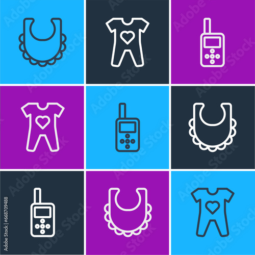 Set line Baby bib, monitor walkie talkie and clothes icon. Vector