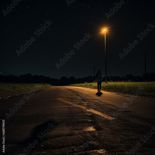 Mysterious Boy Standing Alone under the Starry Sky on a Quiet Highway at Night