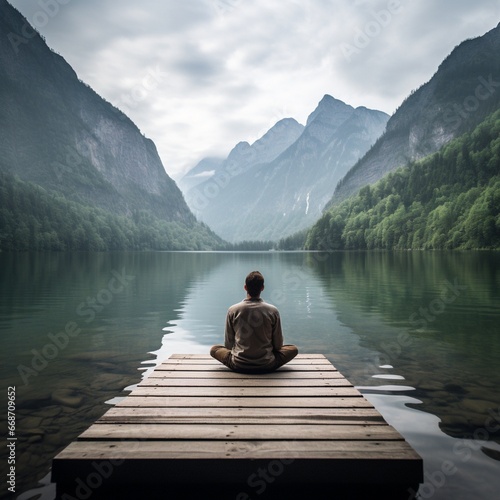 A person sitting in meditation by the water © Prisme Productions