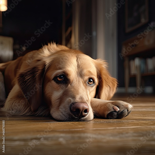 A dog sad and calm look. Looking at the camera.