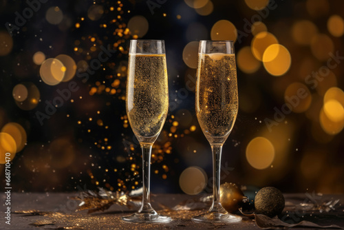 close up champagne glasses on blurred lights background, new year or event celebration