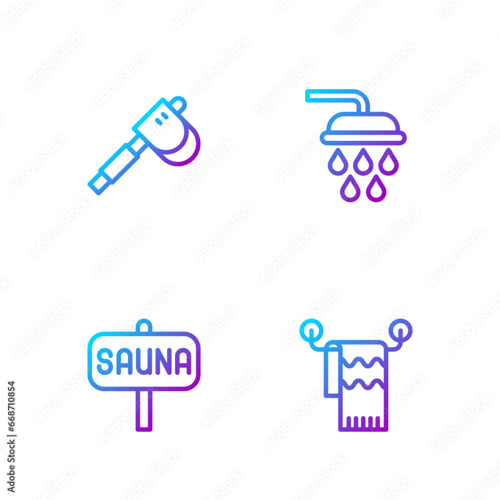 Set line Towel on hanger, Sauna, Wooden axe and Shower. Gradient color icons. Vector