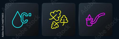 Set line Water temperature, Sauna ladle and Oak leaf. Black square button. Vector
