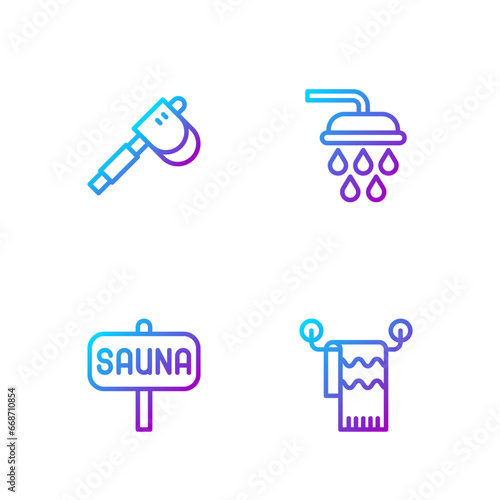 Set line Towel on hanger, Sauna, Wooden axe and Shower. Gradient color icons. Vector