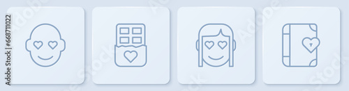 Set line Romantic man, girl, Chocolate bar and Love diary. White square button. Vector
