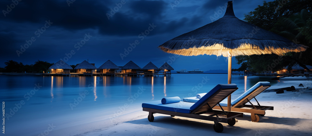 Beach lounger and straw umbrella at night. Blue palm tree beach umbrella and chaise lounge chair. An overnight resort on an oceanfront island. Sandy beach paradise vacation under the stars