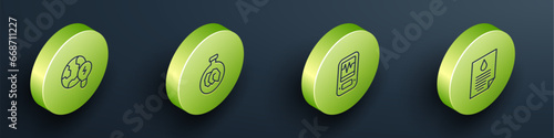 Set Isometric line Global planet with bulb, Exhibition minerals, rocks, Seismograph and Oil drop document icon. Vector