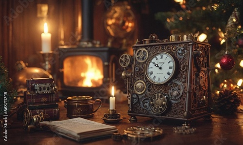 New Year in steampunk style. Mechanisms, gears and Christmas decorations