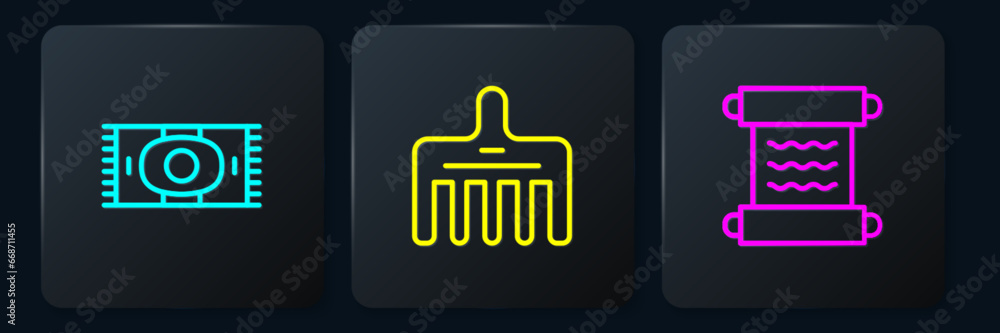 Set line Classic carpet, Papyrus scroll and Hairbrush. Black square button. Vector Set line Classic carpet, Papyrus scroll and Hairbrush. Black square button. Vector