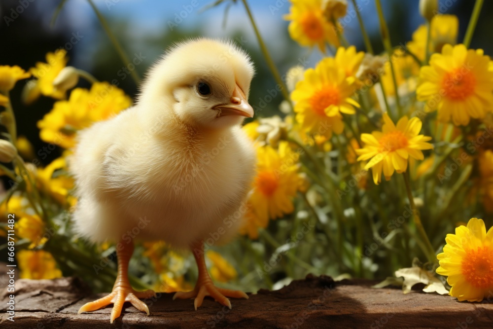 A playful yellow chick among flowers on a sunny spring day