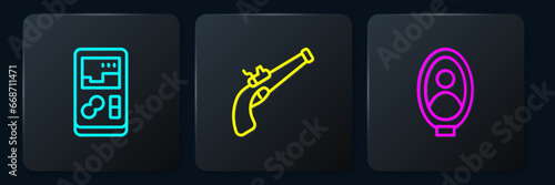 Set line Portable video game console, Portrait picture in museum and Vintage pistol. Black square button. Vector