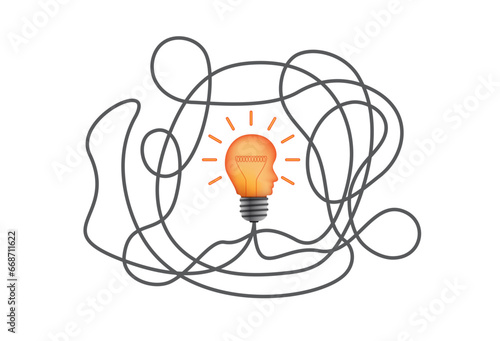 3d head shape light bulb with haywire cable, business idea vector. Business concept design to use in idea, brainstorm, learning, strategy, thinking, inspiration, teamwork projects and presentations. 