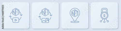 Set line NFT Digital crypto art, and Cyber security. White square button. Vector