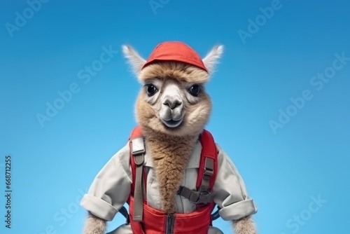 back to school with llama kid with bagpack on blue background