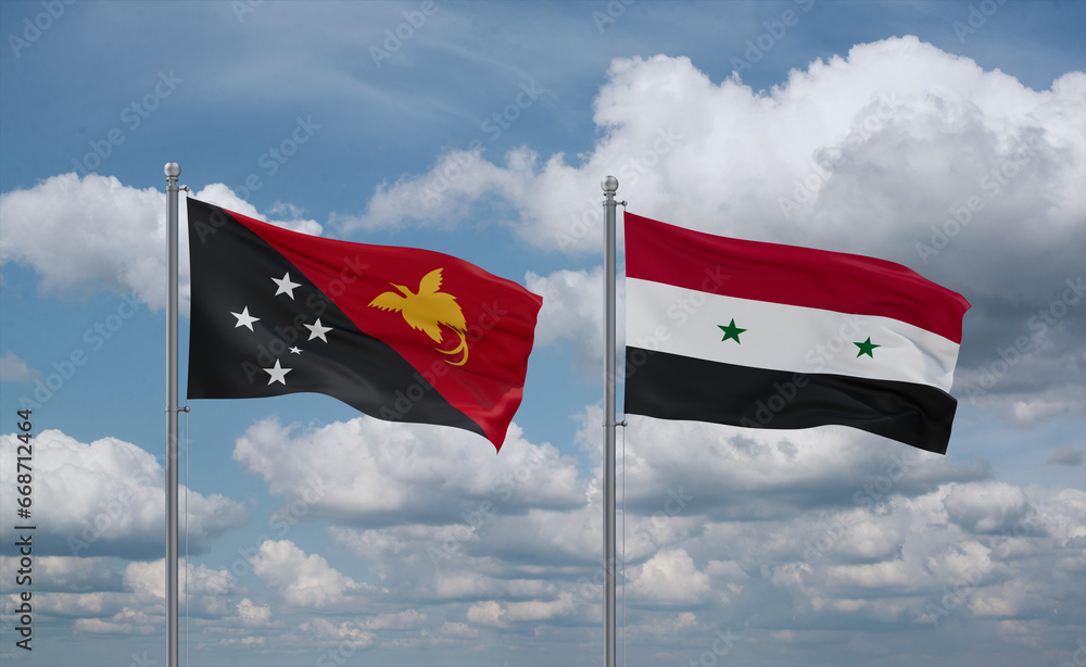 Syrian and Papua New Guinea flags, country relationship concept Syrian and Papua New Guinea flags, country relationship concept