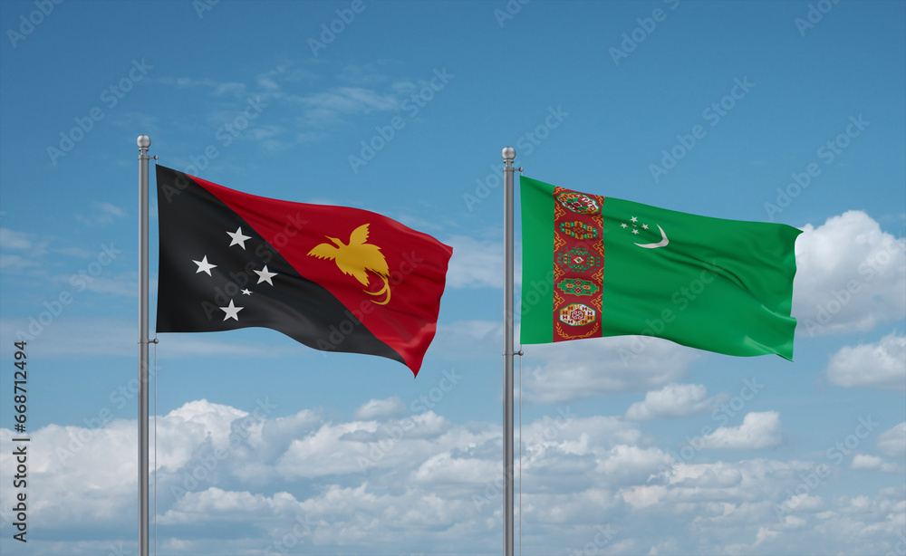 Turkmenistan and Papua New Guinea flags, country relationship concept Turkmenistan and Papua New Guinea flags, country relationship concept