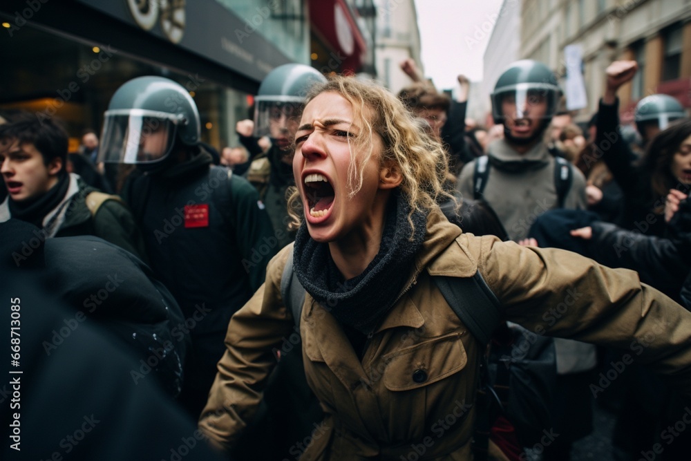 Fototapeta premium Emotionally Charged Protest Scene with Woman and Police
