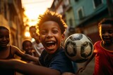 Joyful Kids Playing Soccer in Urban Sunset