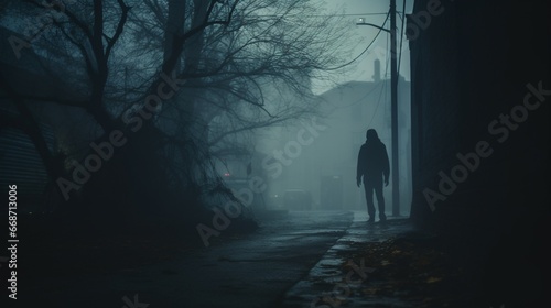 Man Walking Alone on a Dark and Foggy Street © Prisme Productions