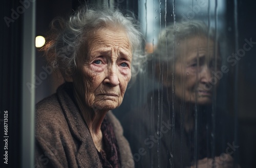 Elderly Woman's Sad Gaze Through City Window photo